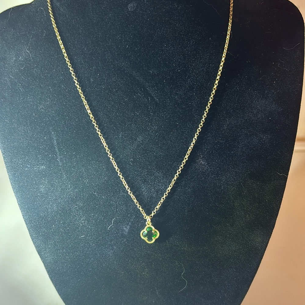 Dyadema 925 Sterling Silver Green Crystal 4 Leaf Clover Necklace, Italy, 17”-18”